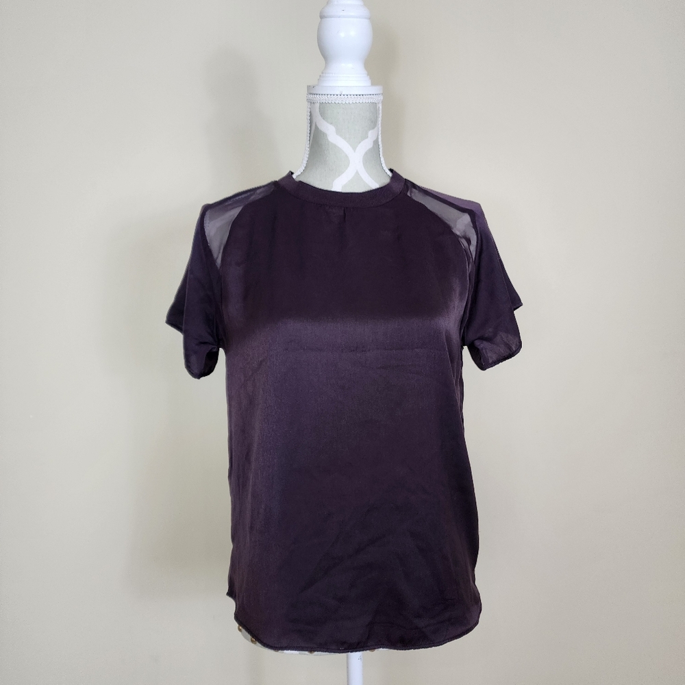 ZARA W&B Collection Purple Brown Crew Neck Shirt Satin Size Small Mesh Shoulder
